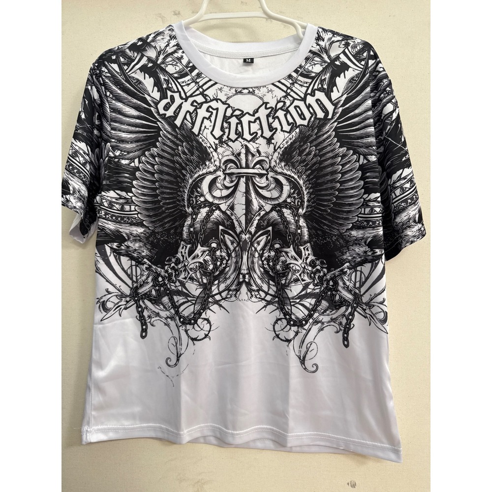 Affliction Graphic T-Shirt Mens Medium White Black Wings Cross Gothic Y2K Tee